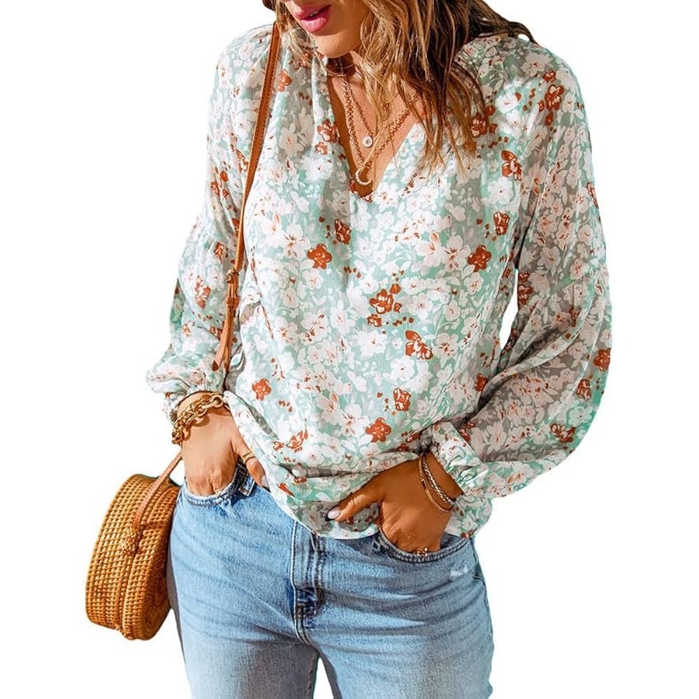Floral V-Neck Balloon Sleeve Blouse Sage Green Rust Orange Size M